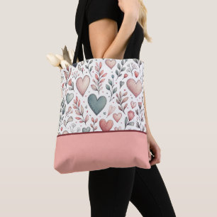 Tote Bag Turquoise, Rouge, Coeurs et Fleurs roses, Bloc de
