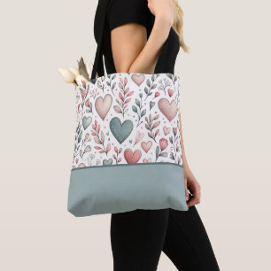 Tote Bag Turquoise, Rouge, Coeurs et Fleurs roses, Bloc de