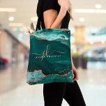 Tote Bag Turquoise Turquoise Agate Gold Parties scintillant<br><div class="desc">Sac fourre-tout moderne et élégant avec agate turquoise turquoise et marbre et parties scintillant dorée brillant accents personnalisées avec chic feminine manuscrite initiales monogramme et nom. Design de luxe élégant. ASSISTANCE : Pour obtenir de l'aide sur la modification ou la personnalisation de la conception, le changement de couleur, le transfert...</div>