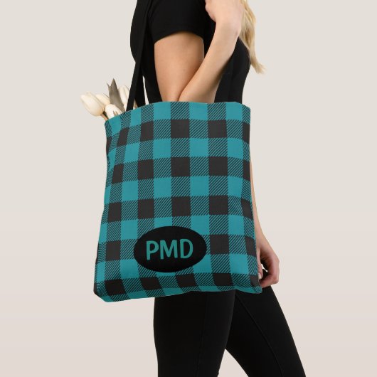 Tote Bag Turquoise Turquoise Bleu Bleu Buffalo Plaid Monogr (De près)