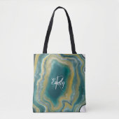Tote Bag Turquoise vert Agate marbre Nom Abstrait Monogramm (Devant)