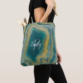Tote Bag Turquoise vert Agate marbre Nom Abstrait Monogramm (De près)