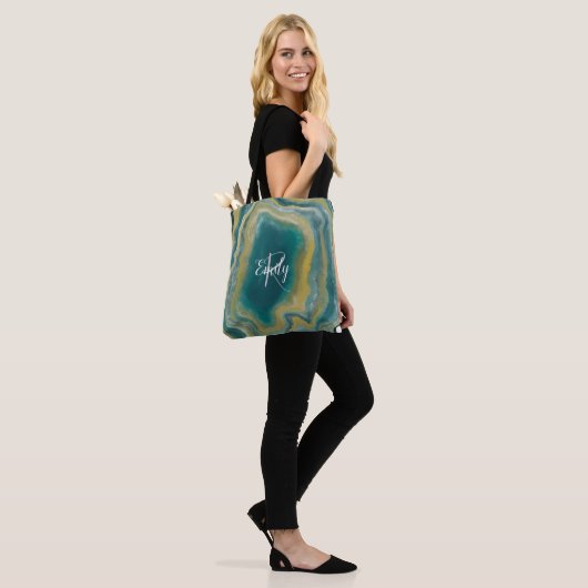 Tote Bag Turquoise vert Agate marbre Nom Abstrait Monogramm (Sur le modèle)