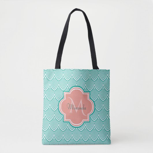 Tote Bag Turquoise Vert Art Déco Poissons Écailles Rose Mon (Devant)