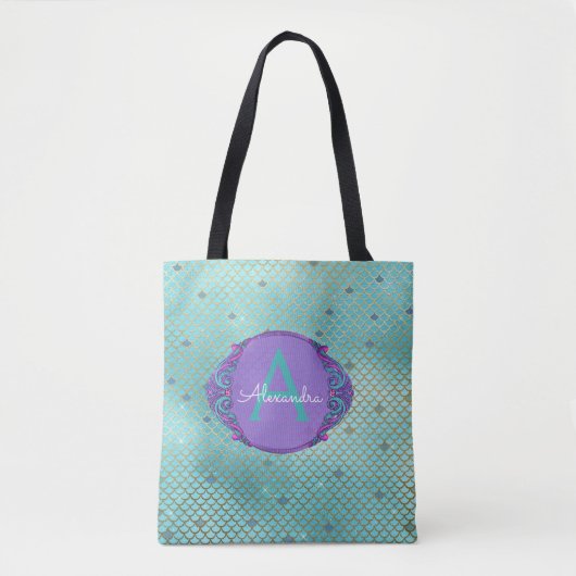 Tote Bag Turquoise vert et mauve Étalons de sirène Monogram (Devant)