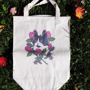 Tote Bag Tuxedo Cat Peony Floral Art Tuxie Cats