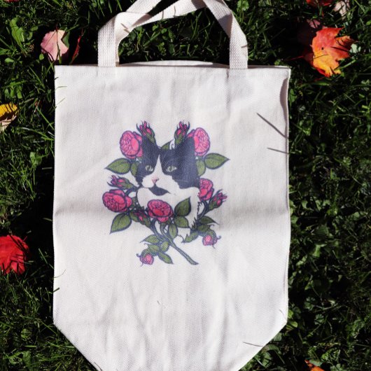 Tote Bag Tuxedo Cat Peony Floral Art Tuxie Cats