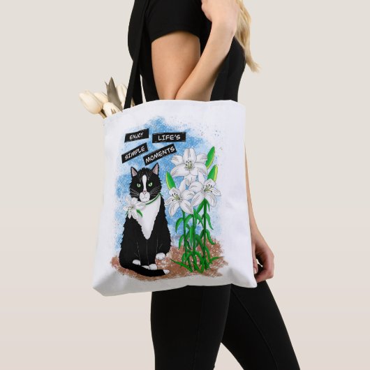 Tote Bag Tuxedo Chat et Lilies | Devis inspirant (De près)