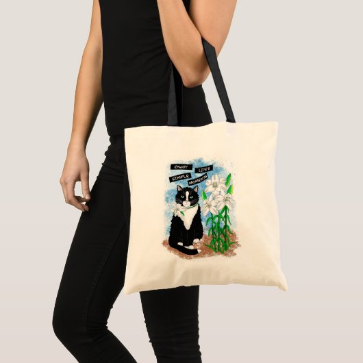 Tote Bag Tuxedo Chat et Lilies | Devis inspirant (Devant (produit))