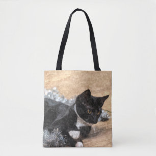 Tote Bag Tuxedo Kitten Tinsel et lumières peint