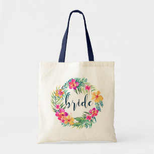 Tote Bag Typographie Bleue Mariée & Fleurs Tropicales Wreat