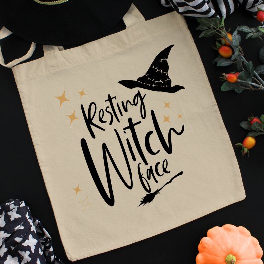 Tote Bag Typographie drôle d'Halloween Sorcière, Balai & Ch
