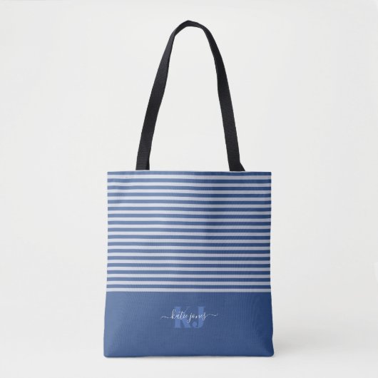 Tote Bag Typographie rétro minimale | Monogramme bleu (Devant)