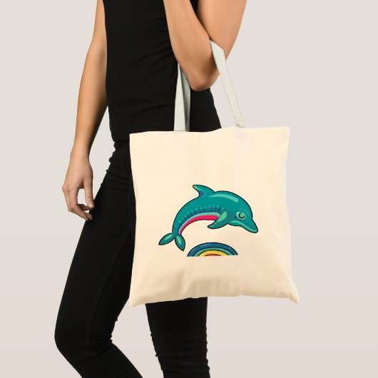 Tote Bag Un Dauphin Vert Aqua Arrive Sur L'Eau Arc-En-Ciel (Devant (produit))