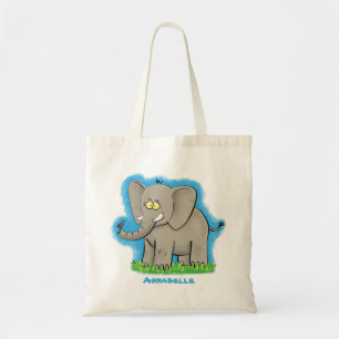 Tote Bag Un joli éléphant drôle avec un oiseau sur le tronc