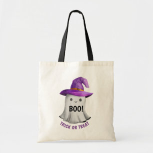 Tote Bag Un mignon fantôme avec casquette sorcière violette