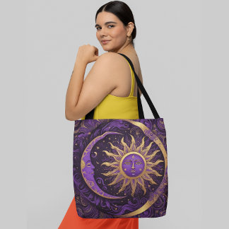 Tote Bag Un soleil doré et un croissant de lune motif compl
