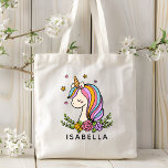 Tote Bag Unicorn mignon Whimsical Girl Nom personnalisé<br><div class="desc">Unicorn mignon Whimsical Girly rose Floral Personnalisé Nom Sac fourre-tout dispose d'une mignonne licorne avec étoiles, coeurs et fleurs. Idéal pour retourner à l'école, réserver des sacs pour les filles, cadeaux et faveurs de fête d'anniversaire, cadeaux de Noël personnalisés pour les filles et plus encore. Conçu par ©Evco Studio www.zazzle.com/store/evcostudio...</div>