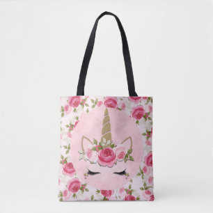 Tote Bag Unicorn or rose floral Rose mignonne tendance
