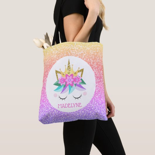 Tote Bag Unicorn Princess Rainbow Parties scintillant Nom p (De près)