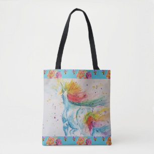 Tote Bag Unicorn Watercolor Arc-en-ciel Roses Turquoises Fl