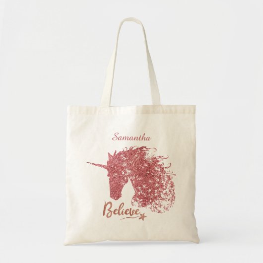 Tote Bag Unicorne | Croire | Parties scintillant or rose (Devant)