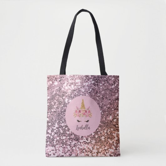 Tote Bag Unicorne rose Parties scintillant florale Monogram (Devant)