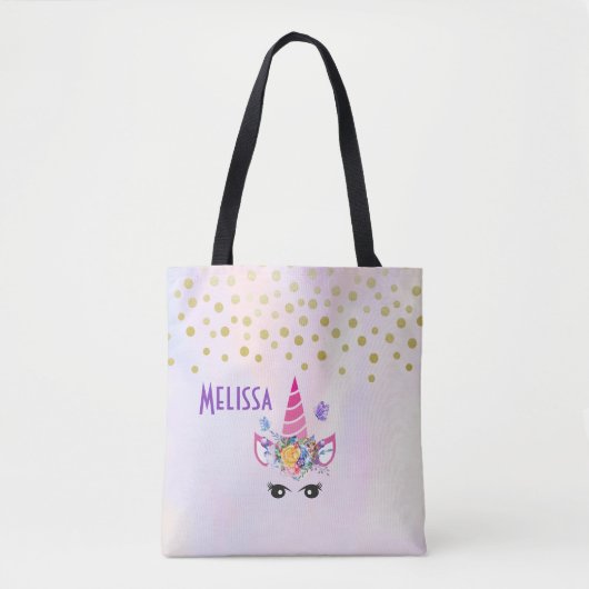 Tote Bag Unicorne tendance avec Fleurs Papillons & Confetti (Devant)