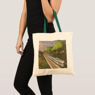 Tote Bag Vacances en train vintage, locomotive à la campagn