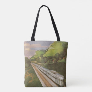 Tote Bag Vacances en train vintage, locomotive à la campagn