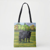 Tote Bag Vache d'Angus noir et veau mou en pâturage d'été (Devant)