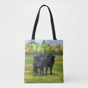 Tote Bag Vache d'Angus noir et veau mou en pâturage d'été