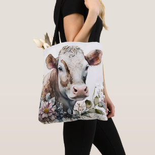 Tote Bag Vache d'aquarelle en Fleur sauvage
