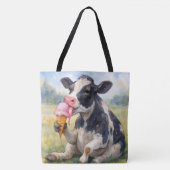 Tote Bag Vache d'aquarelle lèche un cône de glace (Devant)