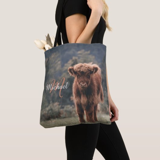 Tote Bag Vache de Highland calvaire herbe d'automne monogra (De près)