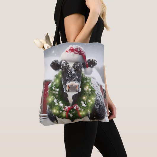 Tote Bag Vache de Noël portant une couronne (De près)
