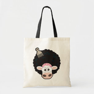 Tote Bag Vache drôle avec un Afro et peigne sur le rose