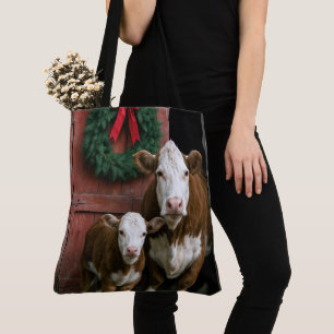 Tote Bag Vache et veau Hereford de Noël
