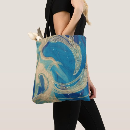 Tote Bag Vagues abstraites colorées géométriques bleues (De près)