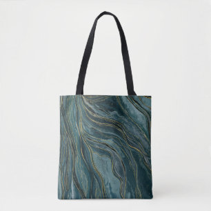Tote Bag Vagues aquarelles abstraites bleu sarcelle or