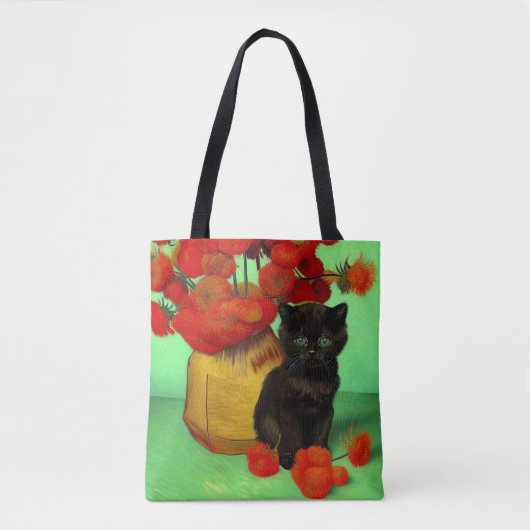 Tote Bag Van Gogh Black Kitten Fleurs rouges (Devant)