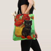Tote Bag Van Gogh Black Kitten Fleurs rouges (De près)