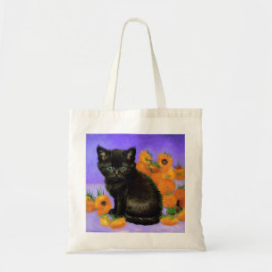 Tote Bag Van Gogh Kitten noir avec des tournesols
