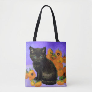 Tote Bag Van Gogh Kitten noir avec des tournesols