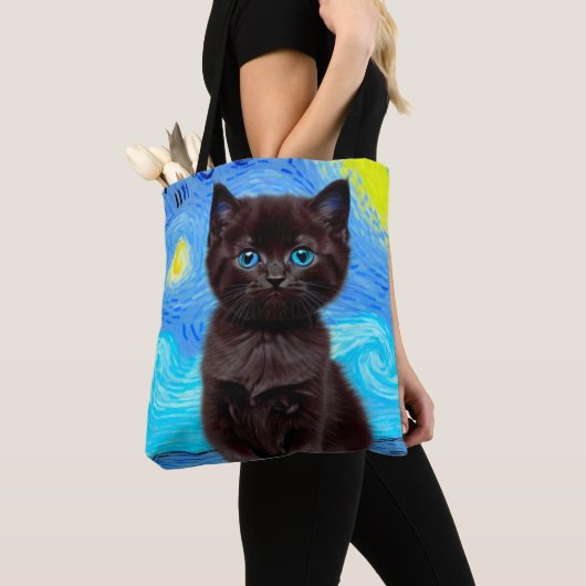 Tote Bag Van Gogh Starry Night Black Cat (De près)