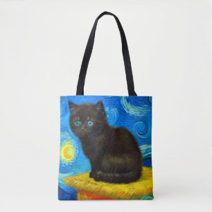 Tote Bag Van Gogh Style Starry Night Cat