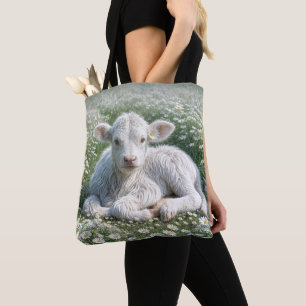Tote Bag Veau blanc écossais des Highlands dans une prairie