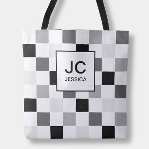 Tote Bag Vérification Monogramme Noir Gris Moderne Simple
