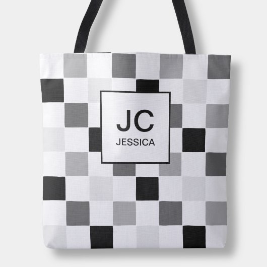 Tote Bag Vérification Monogramme Noir Gris Moderne Simple