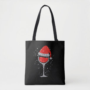Tote Bag Verre de Noël Snowflakes Santa Hat Red Wine